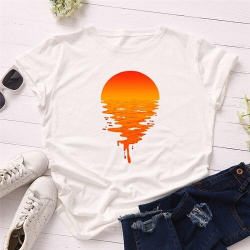 White Cartoon Top TShirt Ladies Sun Print T-shirt Ladies Harajuku Shirt O-neck Short-sleeved T-shirt Summer T-shirt