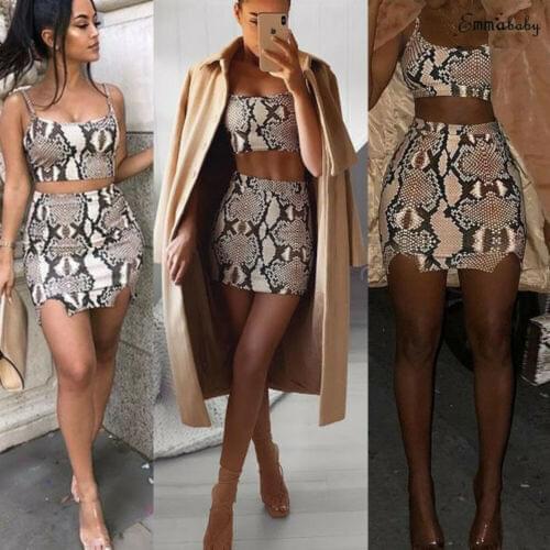 New Sexy Snake Print Tight Skirts 2PCS/Set Womens Sleeveless Bandage Crop Tops+Midi Skirt Bodycon Mini Fashion Clothing