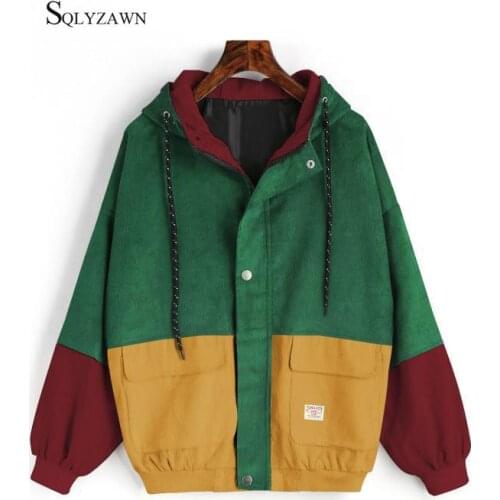 Color Block Long Sleeve Corduroy Women Jacket Patchwork Autumn Women Jacket Plus Size Women Zipper Pockets Female Outwear Coat