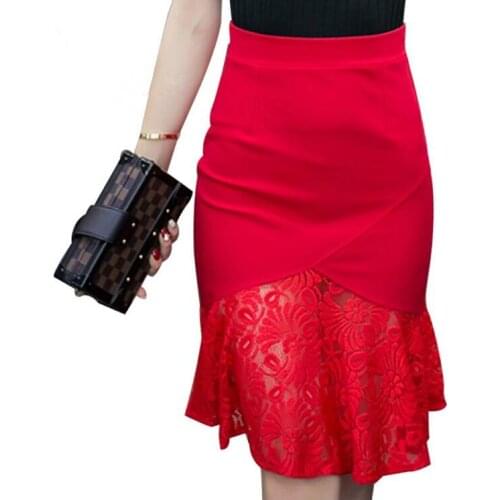 Fashion Summer Sexy Slim Women Pencil Skirt 2019 New High Waist Stretch fabrics Lace Patchwork OL Skirts Plus Size S--5XL