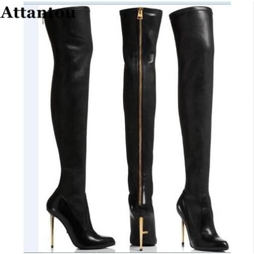 New fashion pointed toe over the knee boots studded thigh high boots wood thick heels long boots woman rivets boots wedge boots