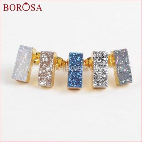 BOROSA Gold Color Rectangle Titanium Crystal Druzy Stud Earrings, Fashion Drusy Crystal Stud Earring Mix Color for Women G1223
