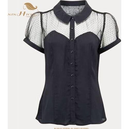 SISHION Women Vintage Tops VD1792 Short Sleeve Tulle Patchwork Black Blouses Femme Shirts Women