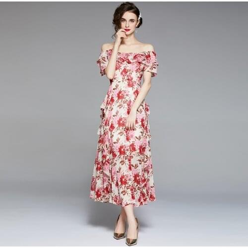 Women Maxi Floral Ruffles Dress Summer 2021 New Runway Boho Floral Print Dress Honeymoon Vacation Party Long Dress k8167