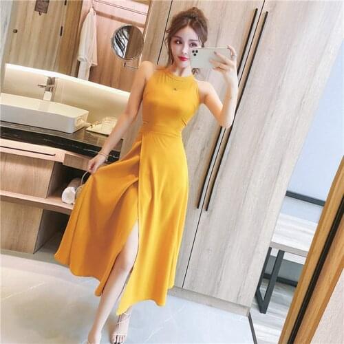 Womens Dress Summer 2021 New Seaside Holiday O-neck Sleeveless Dress Irregular Split High Waist Slim Long Dress Tide ML891