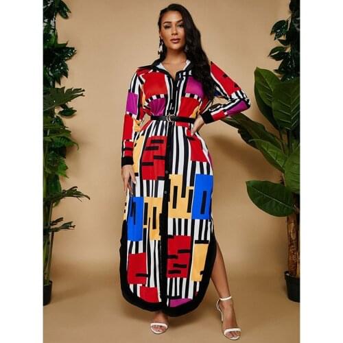 Plus Size Long Sleeve Stripe Patchwork Shirt Dress Turn-down collar Maxi Dresses for Women