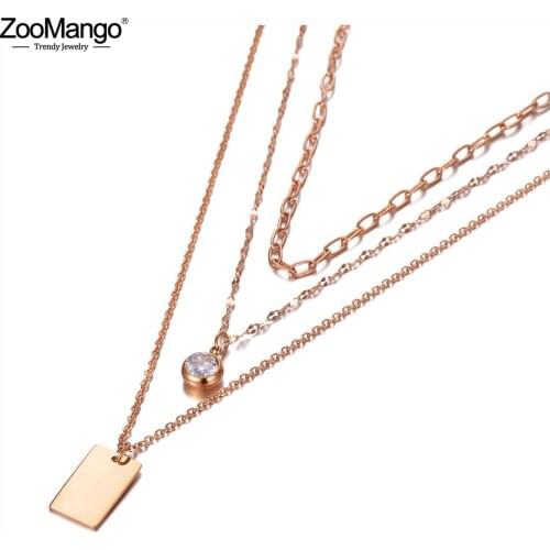 ZooMango Goth Three-layer Rectangle Charm Pendant Necklace Titanium Stainless Steel CZ Crystal Choker Necklace For Women ZN20096