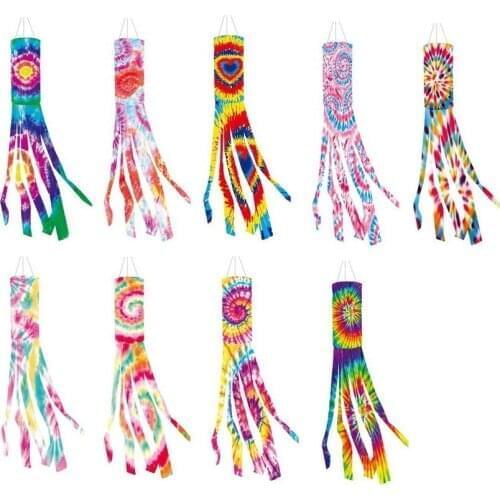 1Pack 110cm Tie Dye Windsock Flag Rainbow Color Tails Design Windsock Flag Outdoor Hanging Decoration for Home Yard Garden