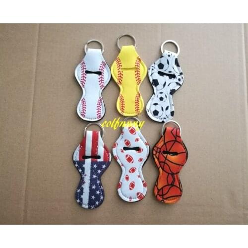 1000pcs FAST Softball basketball football Baseball Printed Neoprene Chapstick Keychain Holder case storage bag Party Gift C02