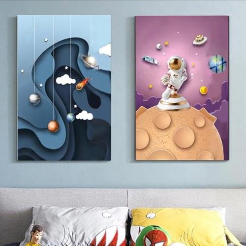 Anime Blue Starry Astronaut Spaceman Night Star Painting Canvas Space Poster Vintage Art Dream Posters Wall Art Print Picture