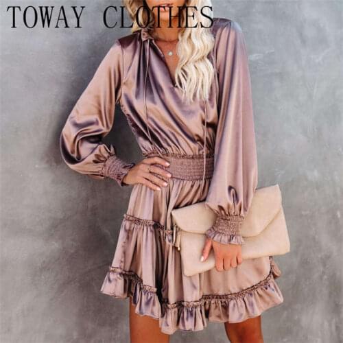 Satin Ruffles Solid Color Plain V Neck Tie Waist Long Sleeve Dress Loose Mini Summer Autumn Dress For Women 2021