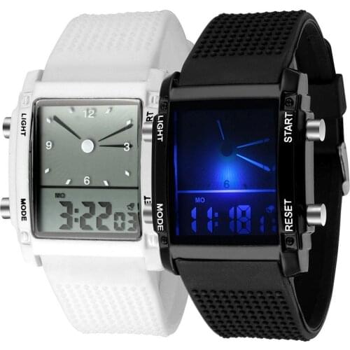 Fashion Sport Stainless Steel Men Square Dial Dual Time Day Display Alarm Colorful LED Sports Clock Electronic Wrist Watch