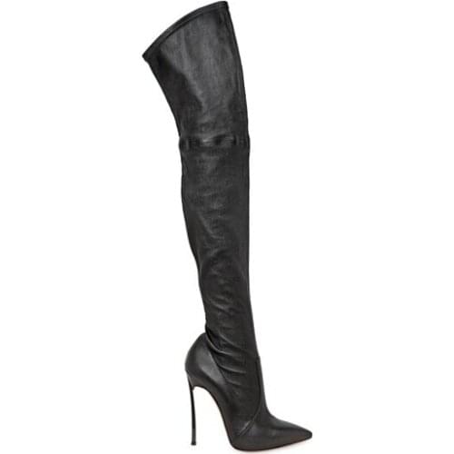 Black leather Thigh high boots women over the knee high heel boots winter and autumn shoes sexy pointed toe long bota
