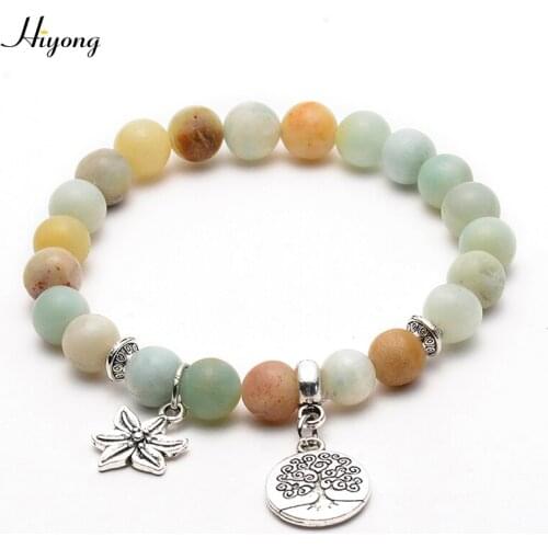 HI YONG Matte Amazonite Stone Meditation Bracelets Tree of Life Round Prayer Yoga Mala Beads Bracelet Chakra Charm bangle Gift