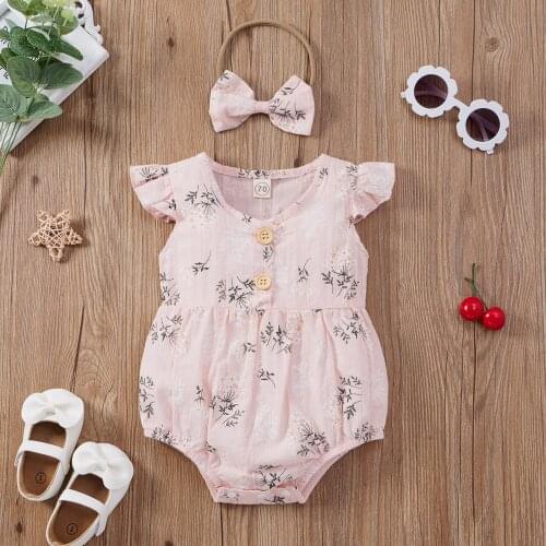 Summer Baby Girls Ruffles Rompers Lovely Infant Kids Floral Cotton Casual Fly Fleeve Jumpsuit+Headband Playsuits 2pcs Outwear