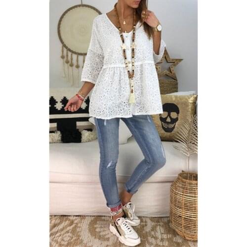 2019 Summer Womens Blouse Half Sleeve V-Neck Solid Color Hollow Out Chiffon Blouse White Black Women Lace Shirts 5XL