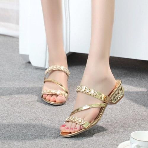 2017Hot new Summer elegant fashion women casual shoes Thick with sandals peep-toe beach shoes mid heel bright gold silver 35-41