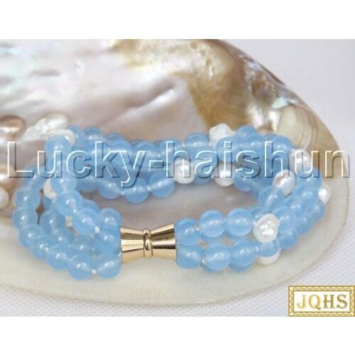 Natural 8" 8mm 4row round light blue jades white pearls bracelet magnet clasp j12325
