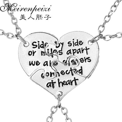 Set of 3 " Side By Side Or Miles Apart We Are Sisters Connected By The Heart " Personalized Charm Puzzle Necklace Sister Gift