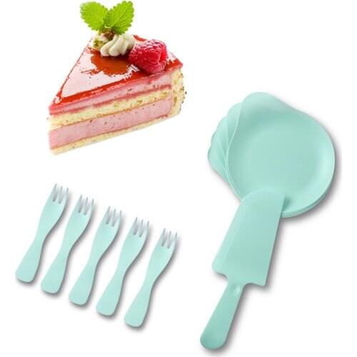 5 Person Set Plastic Disposable Party Tableware Festive Party Supplies Birthday Cake Cutter Knife Forks Plates Cutlery Kits
