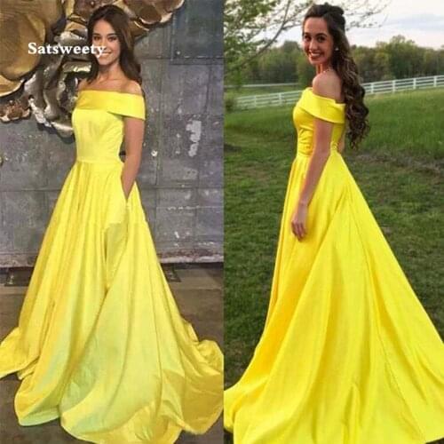 Off The Shoulder Prom Dresses With Pocket A-line Vestido De Noite Yellow Satin Elegant Long Prom Gowns Simple Formal Party Dress