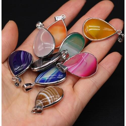 Natural Stone Water Drop Shape Yellow Green Orange Stripe Agates Pendant Charm for DIY Necklace Earring Jewelry Making 20x30mm