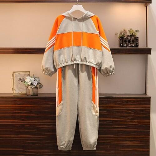 Plus size women fashion two piece sets 2021 spring casual loose sports knitted hooded sweatshirt pants fashion two piece suit