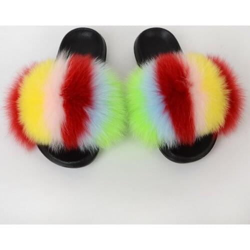 WUCIFO Fur Slippers Women Real Fox Fur Slides Home Furry Flat Sandals Female Cute Fluffy House Shoes Woman Brand Luxur