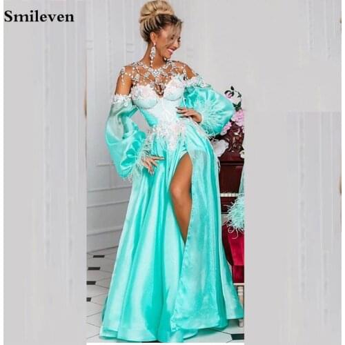 Smileven Off Shoulder Organza Evening Dresses Puff Sleeve Sexy Split Special Occasion Dress Without Crystal Evening Party Gowns