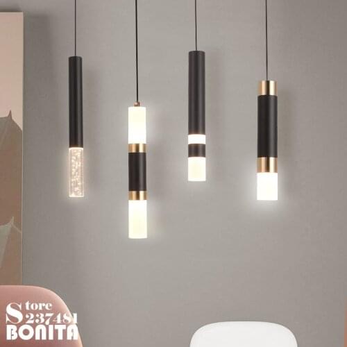 Modern line long tube small pendant lamp Bedside restaurant bar crystal cord pendant light Cylinder black Led hang lamp