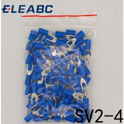 SV2-4 Blue Furcate Cable Wire Connector 100PCS/Pack Furcate Pre-Insulating Fork Spade 16~14AWG Wire Crimp Terminals SV2.5-4 SV