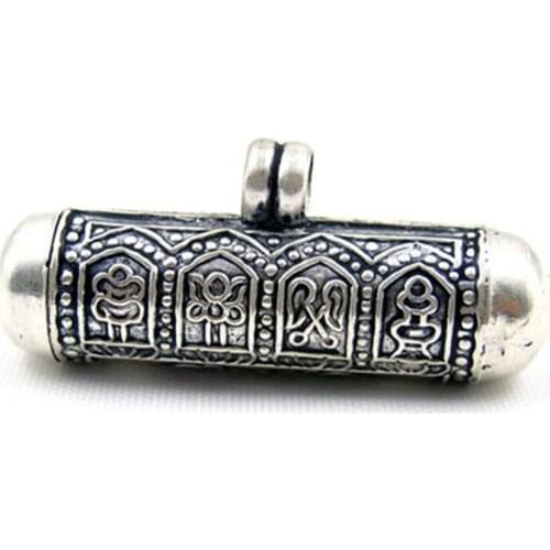 Tibetan 925 sterling silver Prayer box Pendants Tibet Lovely Cylinder Amulets Lockets Eight Auspicious GAU T9018