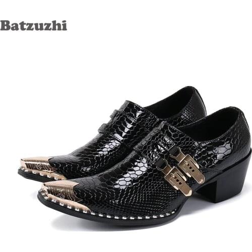 Batzuzhi 6.5cm High Heels Mens Shoes Pointed Metal Tip Black Genuine Leather Dress Shoes Men for Business and Party, 38-46