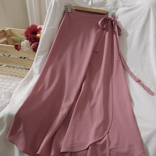 Abrini Skirts Women High Waist Midi Bandage Skirts 2020 Summer Autumn Lace-up Waist Smooth Skirts Solid Elegant Skirts