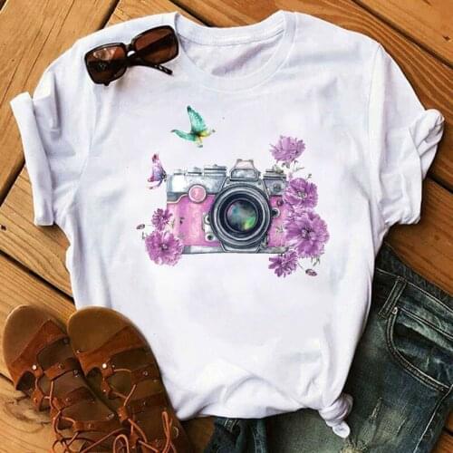 Camera Flowers Butterfly Printed T Shirt New Women T Shirt Famale Fashion Short Sleeve Tops Tee Women Harajuku T-shirt Clothing