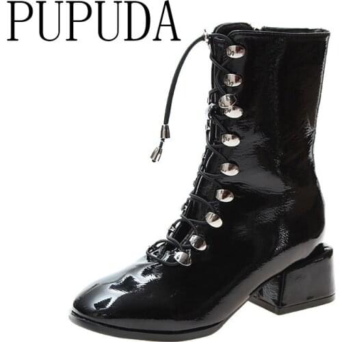 PUPUDA Women Boots Winter Fashion Black Platform Boots Women Casual Leather Chunky Boots Female New Trend Female Shoes KOREA