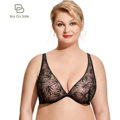 Womens Sexy Deep V Plunge Mesh Foral Lace Bra Plus Size Unlined Underwire