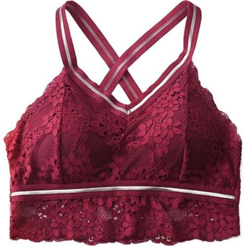 Women Bright Silk Shoulder Strap Cross Beautiful Back Lace Wrap Chest Padded Camis Bra Brassiere Intimates Soft Underwear