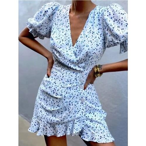 Foridol Casual Button Print Floral Dress Women Summer 2021 Blue Short Sleeve Dress V Neck Beach Boho Dress Robe Vestidos