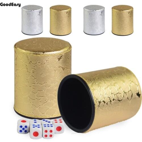 Hot Gold&Silver Leather+Plastic Dice Cup Set and 6pcs Acrylic Dices with lid Gambling Poker Drinking Board Game Dice Box