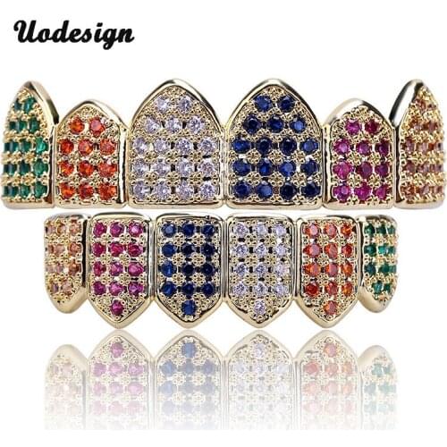 Hiphop Punk Cubic Zirconia Silver/Gold Color Women/Men Teeth Grills Hiphop Rocker Hollow Caps Top&Bottom Fang Grills Set