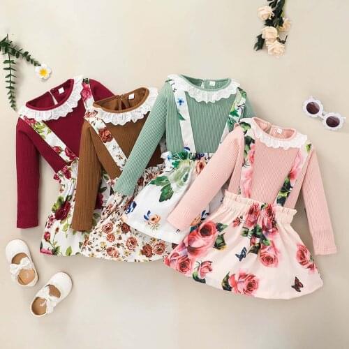 Toddler Baby Girls Clothes Sets Autumn Winter Cute Or Solid T-Shirt Tops+Floral Suspender Skirts Outfits Children Clothing