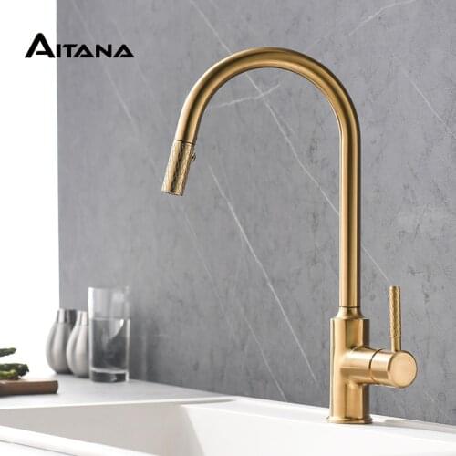 Modern style Brass pull-out Golden sink faucet single handle hot and cold Kitchen faucet with Dual Function Sprayhead