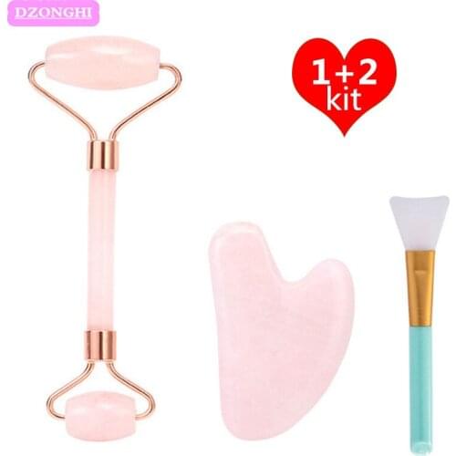 Jade Roller Scraper Mask Brush Three-piece Facial Massager Face-lifting Rose Quartz Roller Powder Crystal Roller Custom Wholesal
