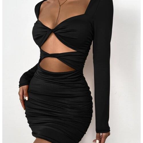 2021 Autumn and Winter New Ladies Long-sleeved Temperament Red Dress Sexy Deep V Hollow Solid Color Pleated Dress Short Skirt