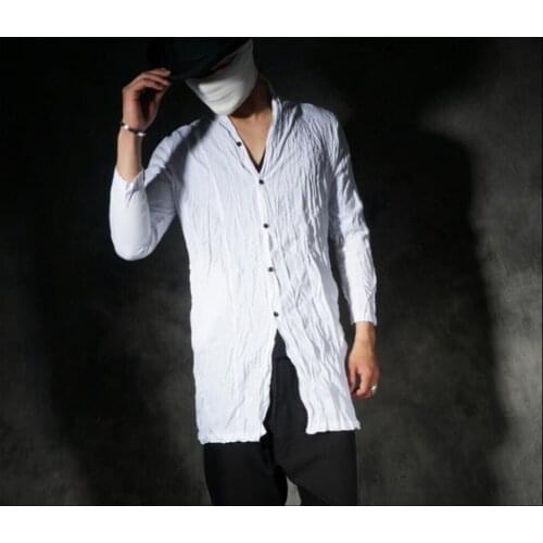 Autumn Mens New Folds Long-sleeved Shirt Tide Chinese Style Casual Cardigan Slim Long Shirt Hairstylist Sun Protection Clothing