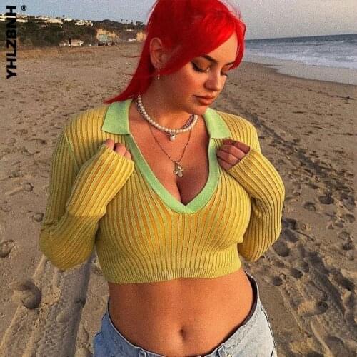 Summer Sexy Knitted Green Long Sleeve T Shirts Women Casual V-neck Short Top Fashion 90S Vintage Y2K Crop Top Streetwear