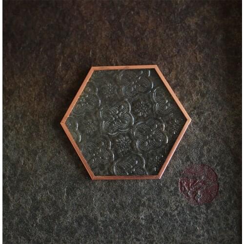 Ins European-style Retro Gold Copper Strip Edging Embossed Pattern Hexagonal Glass Coaster Table Mat Jewelry