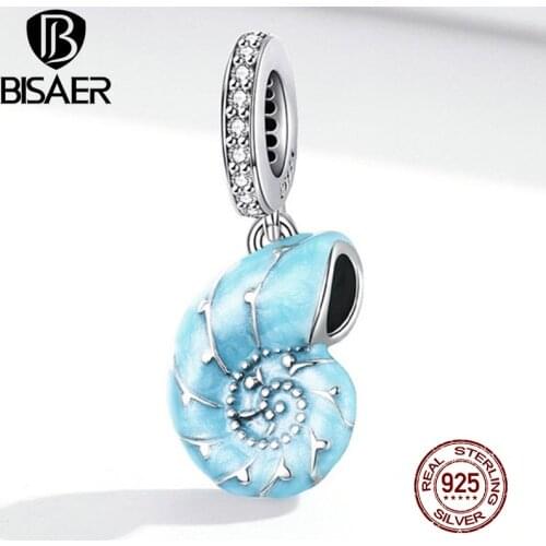 BISAER Blue Conch Charms 925 Sterling Silver Enamel Zircon Bead Pendant Fit Bracelets Necklace DIY Jewelry Making ECC1560