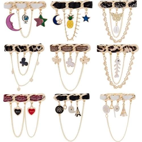 Origin Summer Korean Star Moon Love Heart Chain Long Tassel Brooch for Women Butterfly Pineapple Fish Bone Brooch Jewellery
